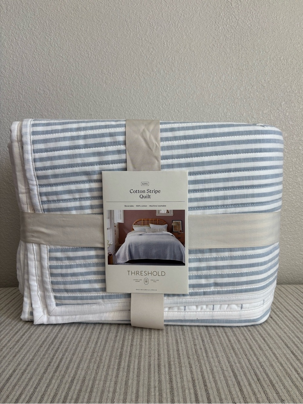 NWT King Reversible Cotton Stripe Quilt Light Blue - Threshold